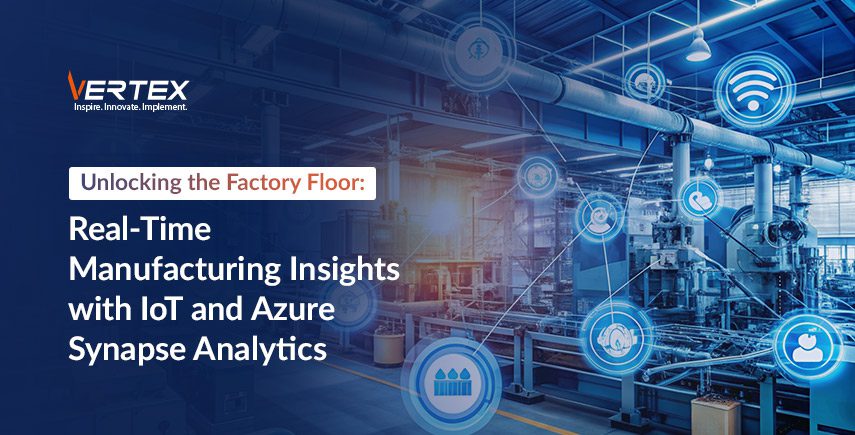 Factory floor with IoT and Azure Synapse Analytics for real-time manufacturing insights, featuring tech icons.